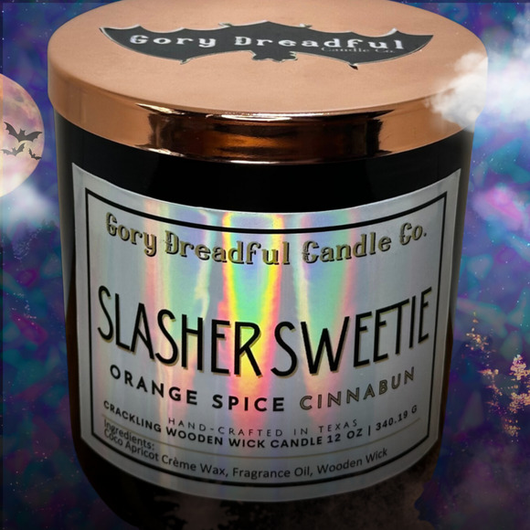 Slasher Sweetie Crackling Wooden Wick Candle: Orange Spice Cinnabun Scent - Picture 7 of 10